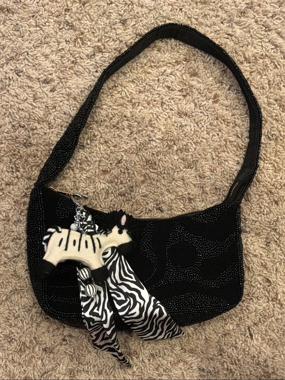 All Black Beaded Faux Fur Purse Never Used With Charm
